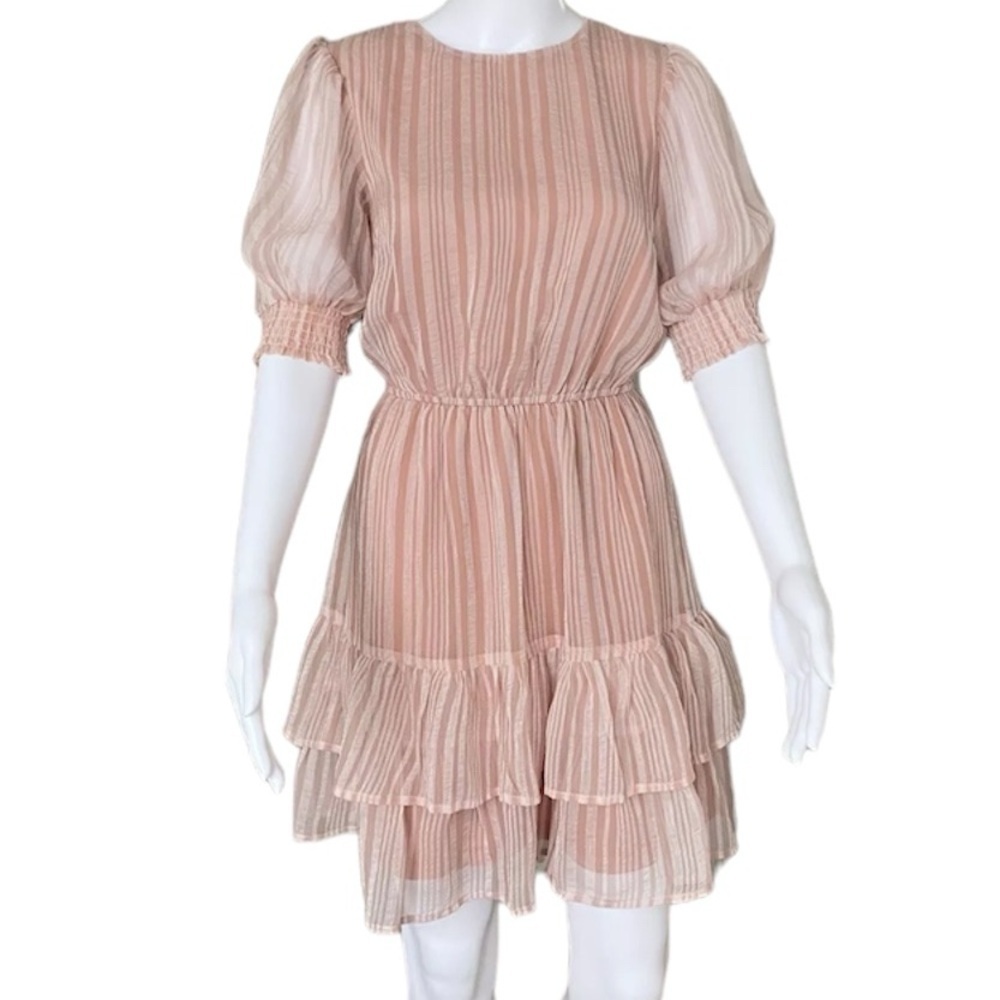 A. Calin by Flying Tomato pink ivory stripes puff sleeves layered ruffle dress S